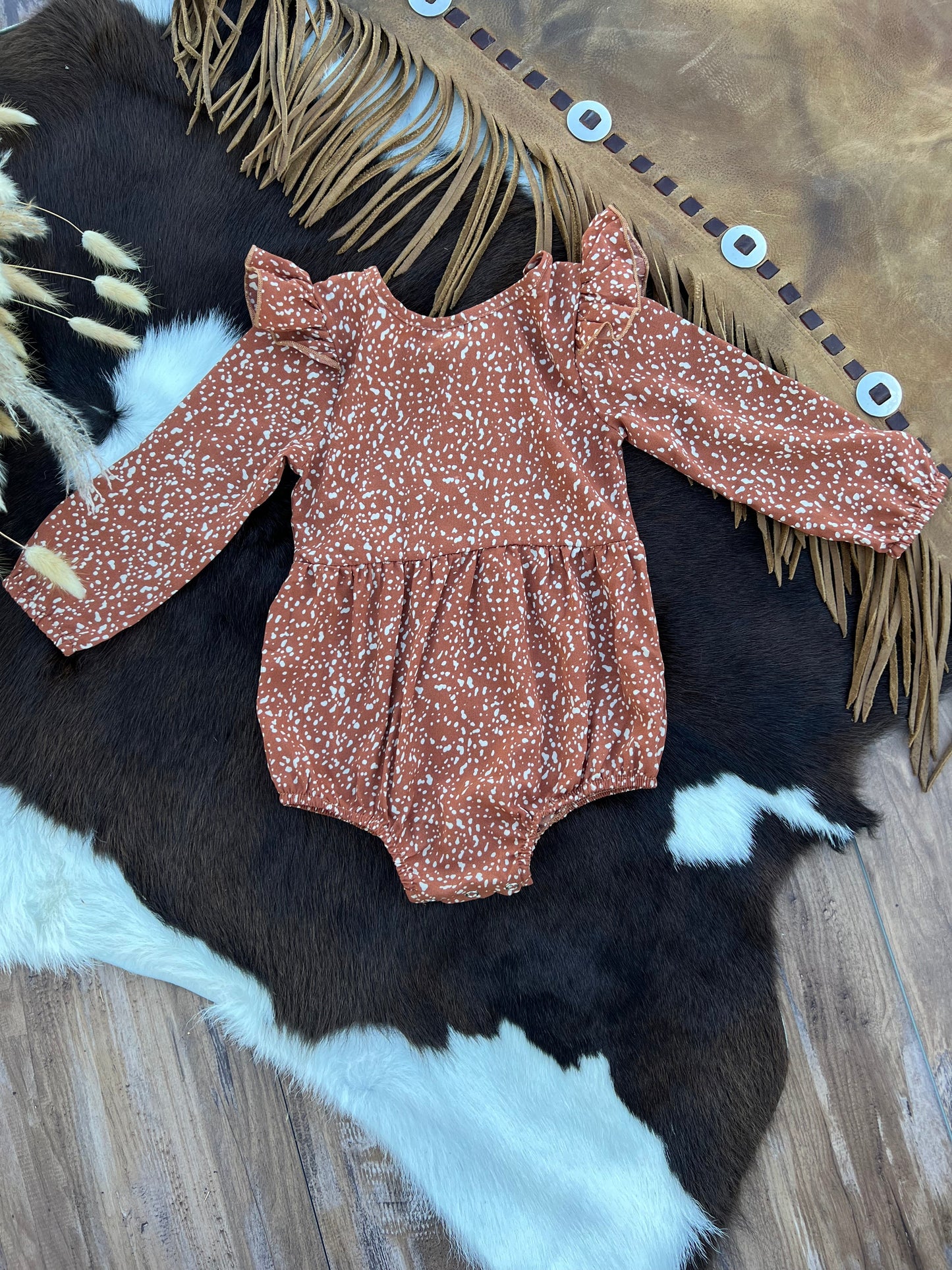 Rhodes Bubble Shorty Romper - Spiced Orange Spots