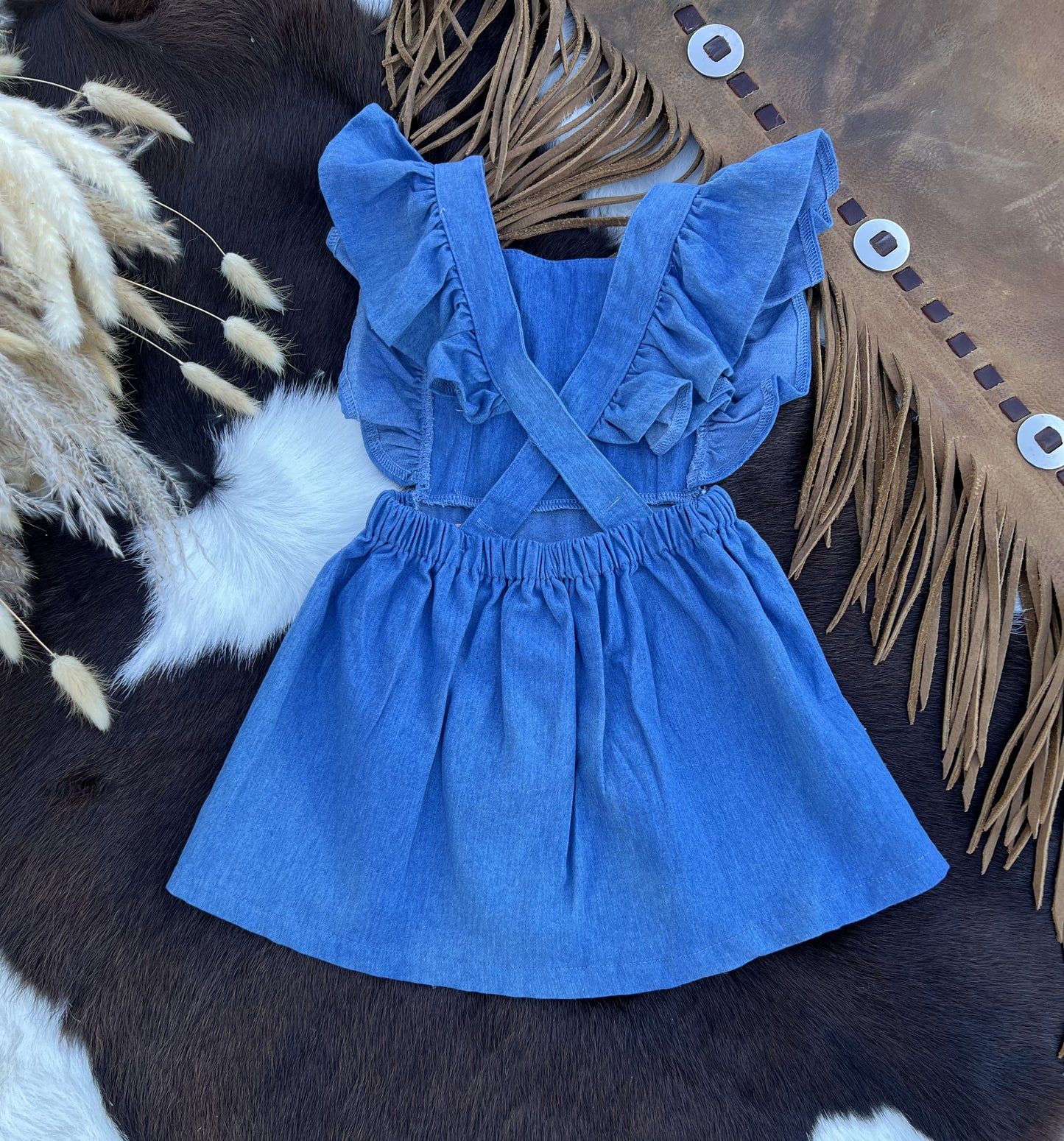 Victoria Ruffle Back Suspender Dress - Medium Denim