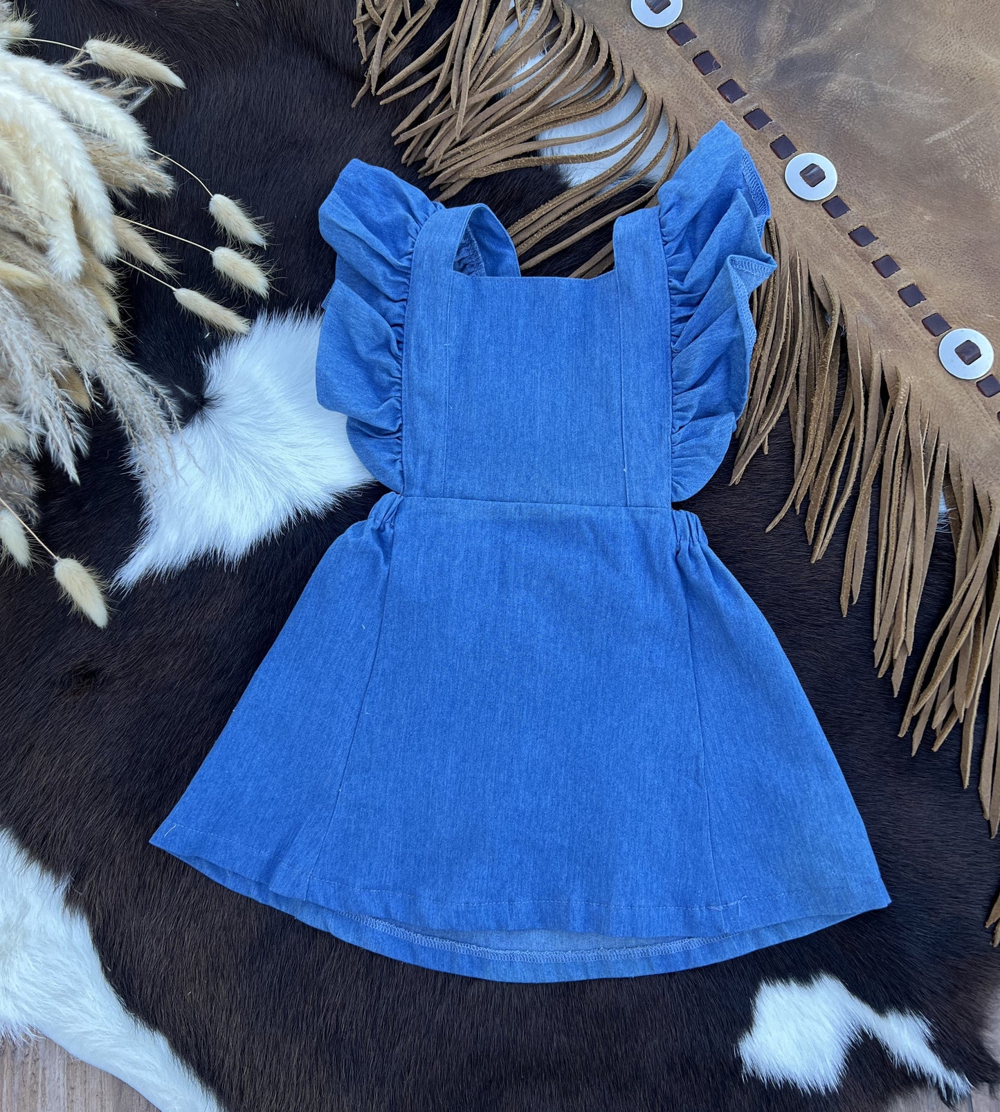 Victoria Ruffle Back Suspender Dress - Medium Denim